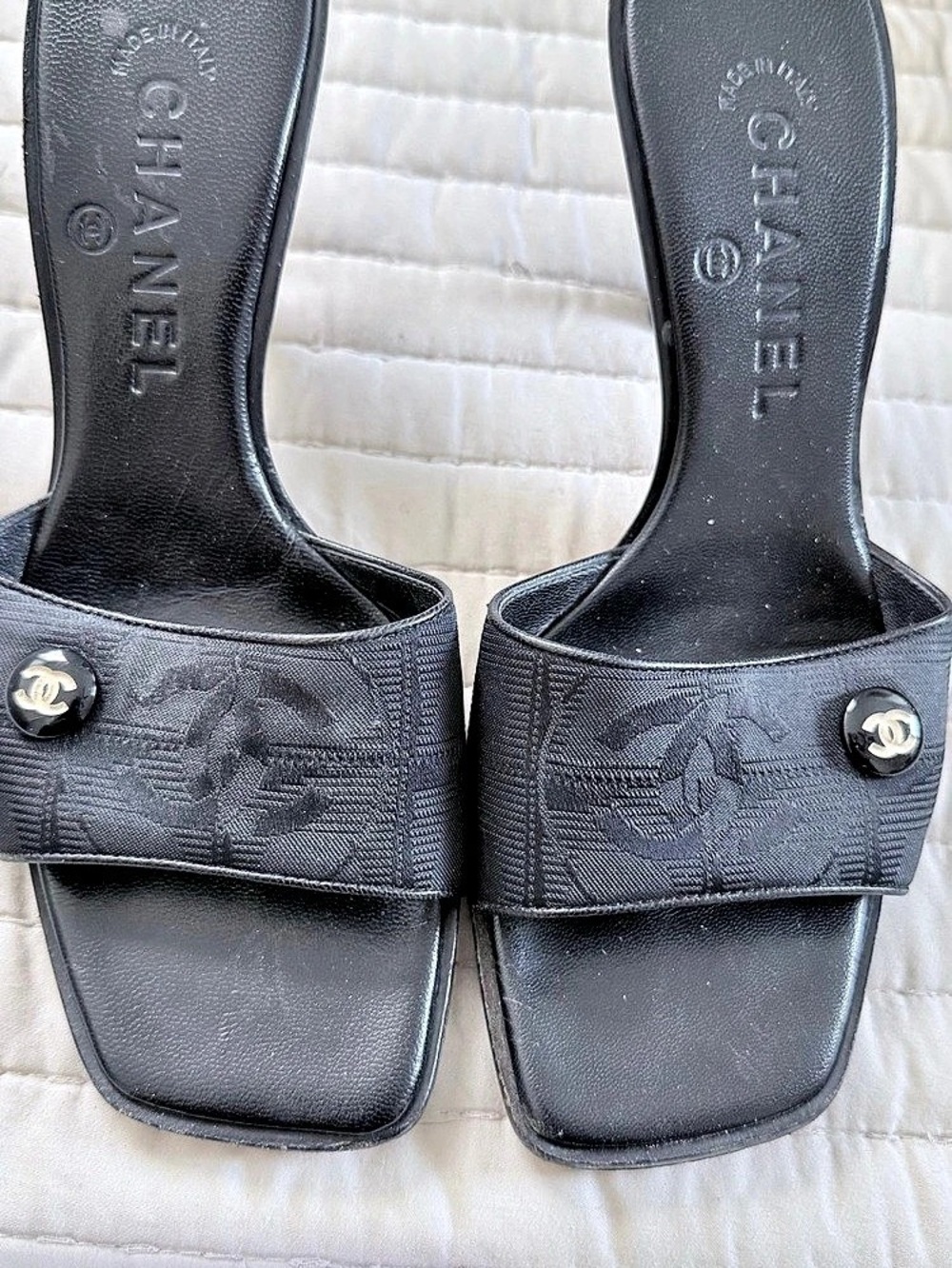 Chanel Black Canvas CC Logo Button Mule Heels